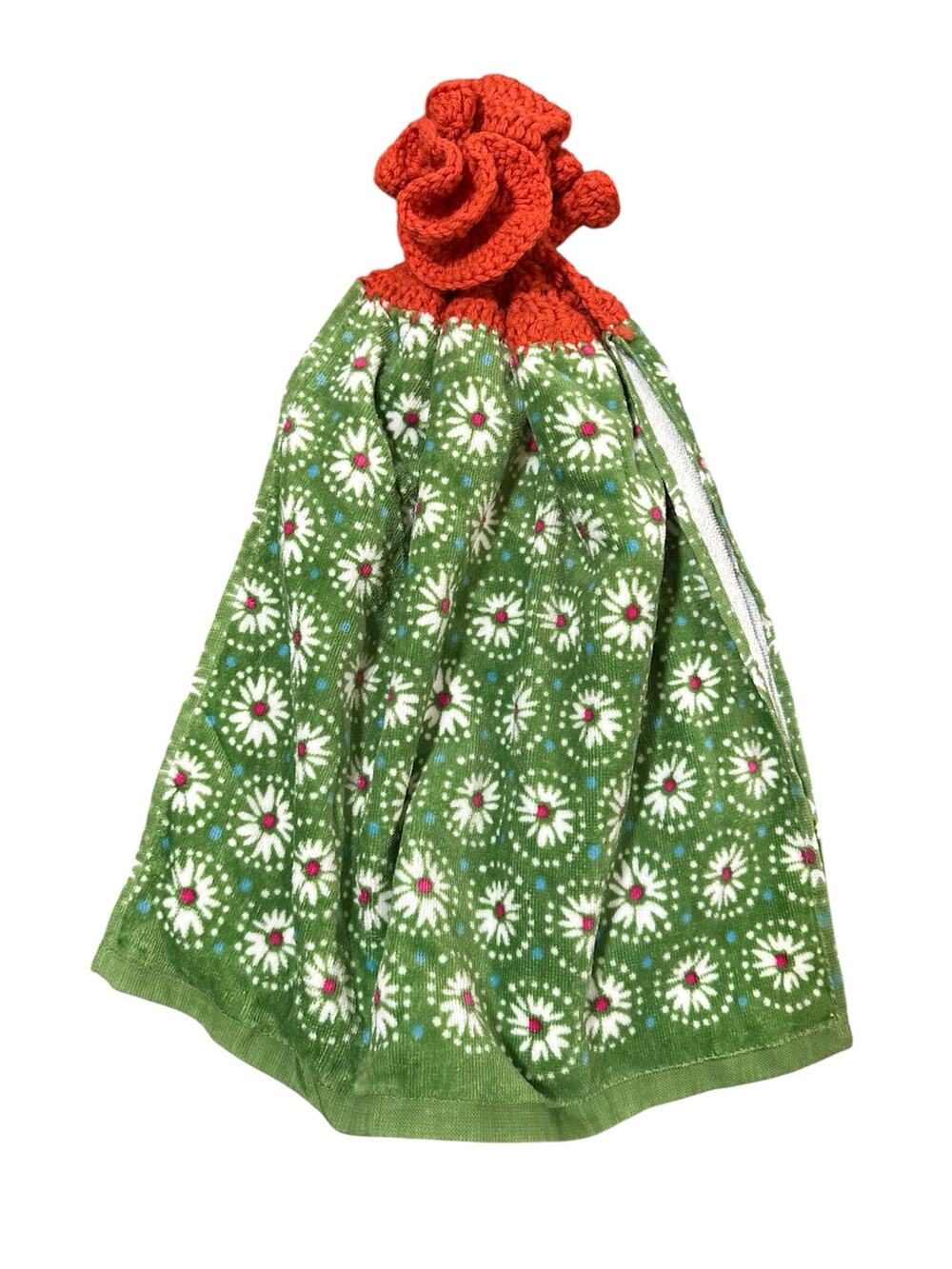 Vintage tea towel crochet green red orange 1970s kitchen rag retro hippie  bold